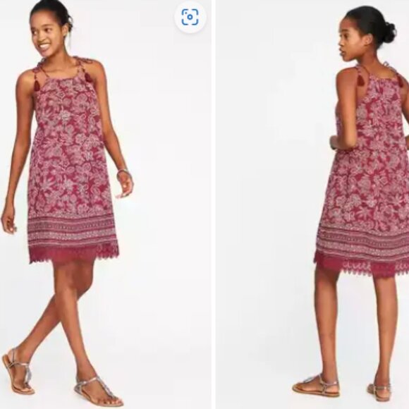 Old Navy Burgundy Cotton dress white floral pattern crochet trim hem XXL Plus - Picture 2 of 10